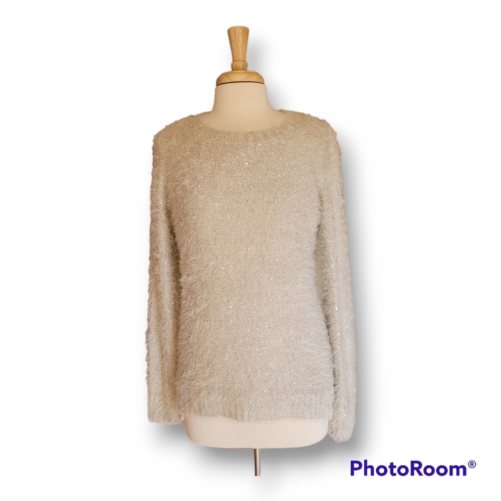 Eyn Soft Grey White Fuzzy Sequined Round Neck Sweater.  Size M